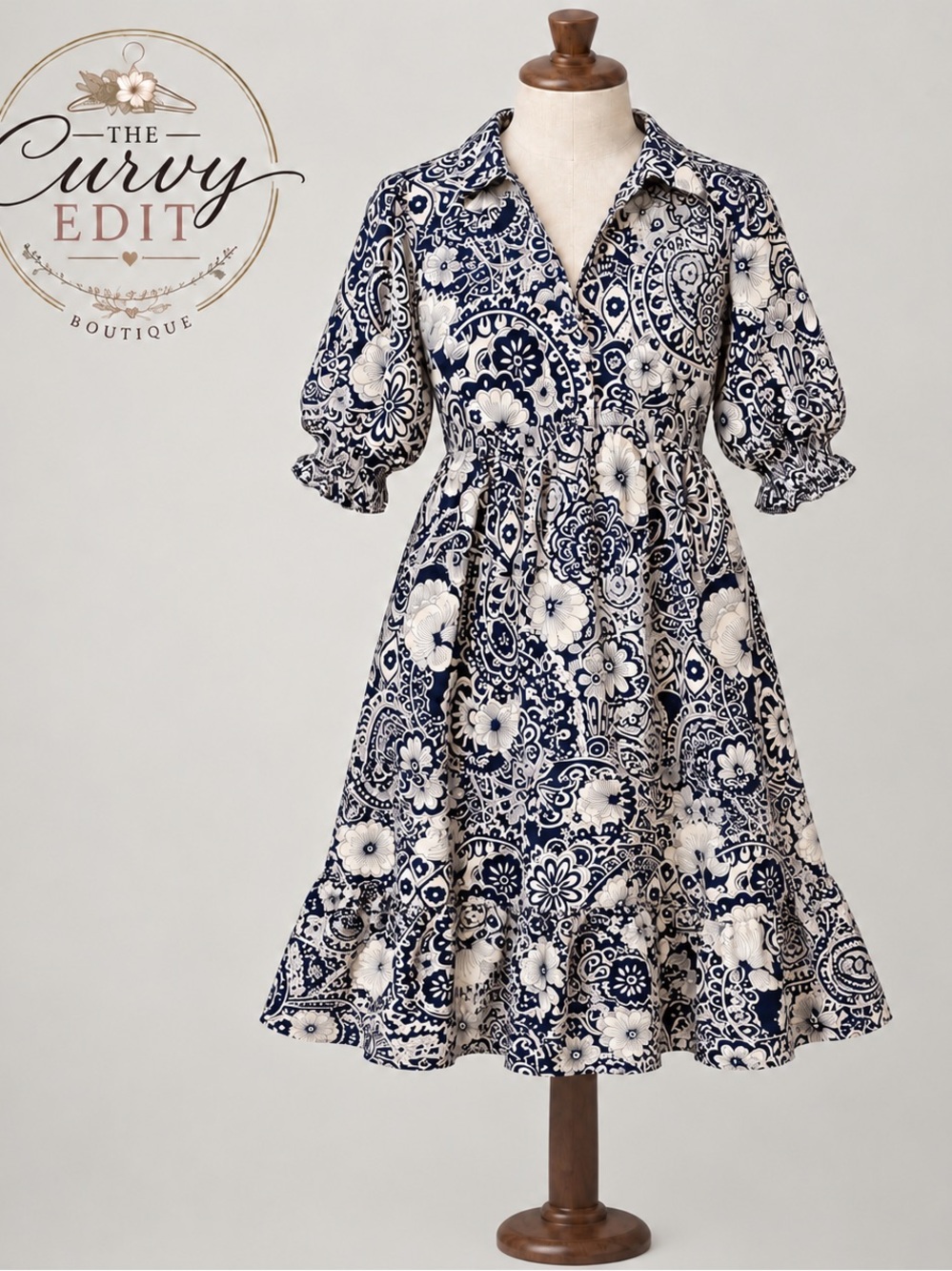 UMGEE Black Cream Floral Paisley Midi Dress Puff Sleeves Ruffle Hem Boho Western